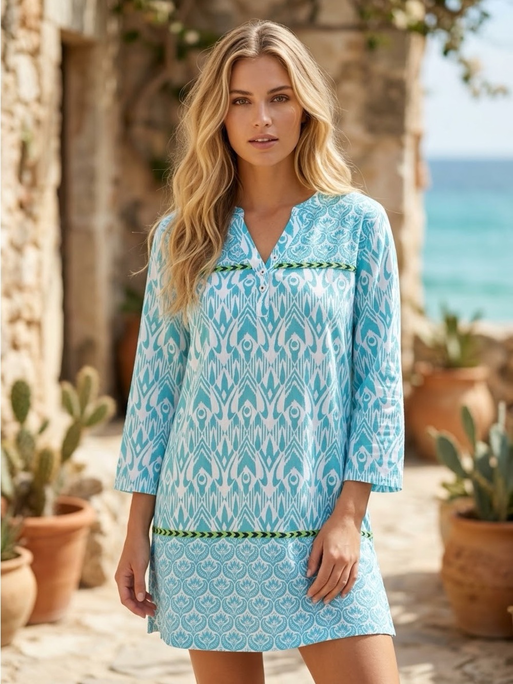 HATLEY Aqua White Ikat Print Cotton Tunic Shift Mini Dress 3/4 Sleeve